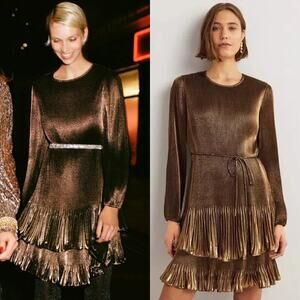 NWT‎ Boden Plisse Mini Dress Size 10R Gold Metallic Shiny Ruffle Hem Tie Waist